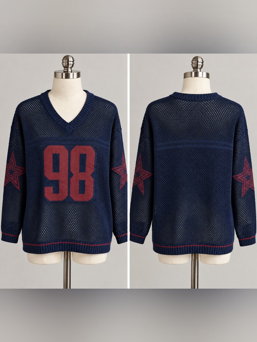 Navy open crochet mesh fisherman net style 98 sweater with red star on sleeve